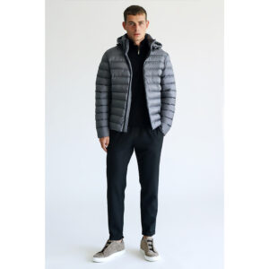 Γκρι Lightweight Μπουφάν με Logo Print Prince Oliver & Αποσπώμενη Κουκούλα (Modern Fit) Ανδρικά Μπουφάν