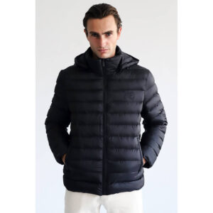 Μαύρο Lightweight Μπουφάν με Logo Print Prince Oliver & Αποσπώμενη Κουκούλα (Modern Fit) Ανδρικά Μπουφάν