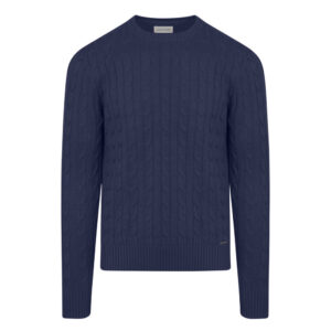 Μπλε Πουλόβερ Prince Oliver με Cable-Knit Πλέξη in Cotton Modern Fit Ανδρικές Μπλούζες και Πουλόβερ