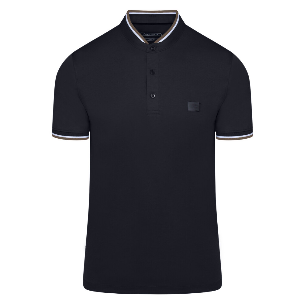 Μαύρο Premium Mao Polo in Cotton with Logo Patch & Stripe Details Modern Fit Ανδρικές Μπλούζες Polo Μαύρο Premium Mao Polo in Cotton with Logo Patch & Stripe Details Modern Fit Ανδρικές Μπλούζες Polo